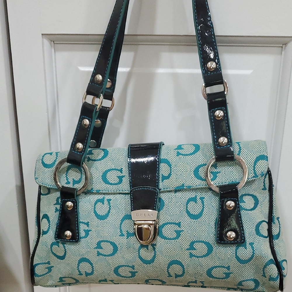 Guess Aqua and Black Shoulder Bag Clean inside and out